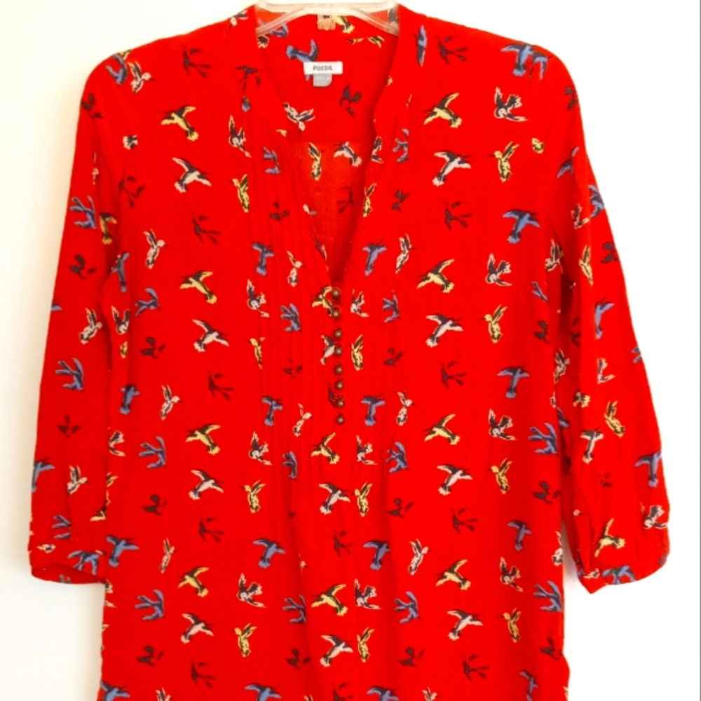 Fossil 100% silk button down v-neck 3/4 long sleeve tunic Small